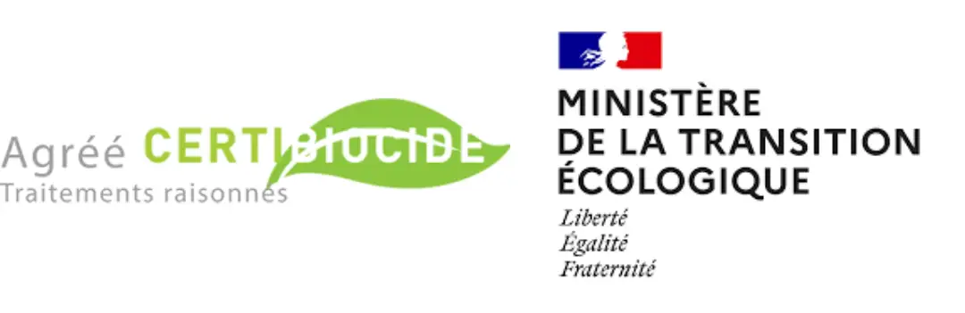 Logo certification Certibiocide et Ministère de la Transition Ecologique.